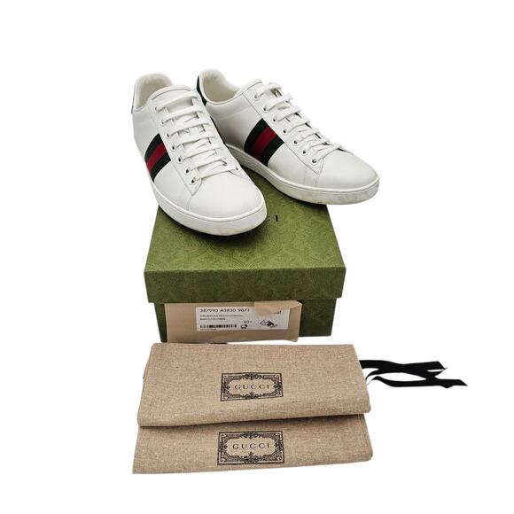 Gucci Ace Web Stripe Low Top Sneaker White Leather Green Red Size 40.5 US 10.5 - Picture 2 of 11